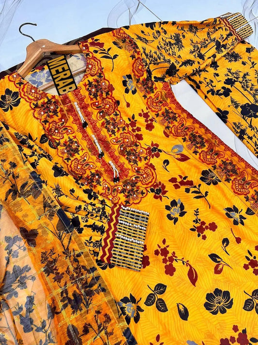 Orange Printed 3Pcs Women Lawn Suit with Embroidery