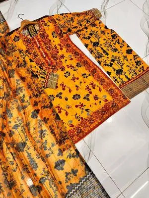 Orange Printed 3Pcs Women Lawn Suit with Embroidery